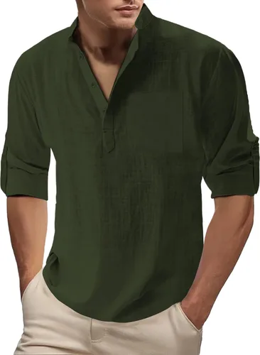 Miniatura 10 de Camisa de lino para hombre, manga larga, Henley, casual, verano, grande, alta, algodón, ligera, para negocios, trabajo, vacaciones, crucero