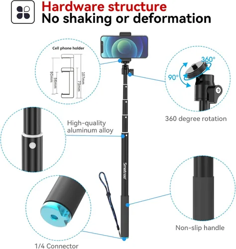 Smatree Palo telescópico selfie de 86.6 pulgadas compatible con DJI OSMO 360/Osmo Action 6, Insta360 X5, GoPro Max 2/Hero 13/12/11/10, Osmo Action 5