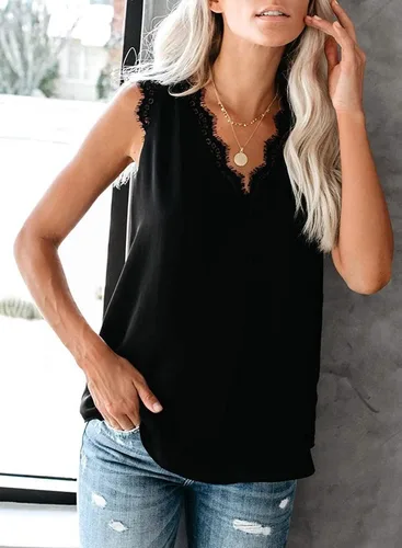 Miniatura 65 de VIISHOW - Camiseta sin mangas, sexy, con cuello en V y bordes de encaje para mujer, camisola de vestir, camisas de gasa, sin mangas, casuales