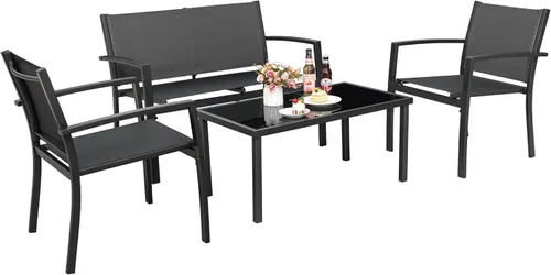 Tuoze Juego de muebles de patio de 4 piezas para exteriores con mesa de centro de cristal, juego de bistró con sofá biplaza de jardín, patio, césped
