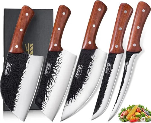 Miniatura 8 de Topfeel Juego de cuchillos de carnicero de 3 piezas, cuchillos de chef serbios forjados a mano y cuchilla de carnicero y cuchillos vikingos, juego