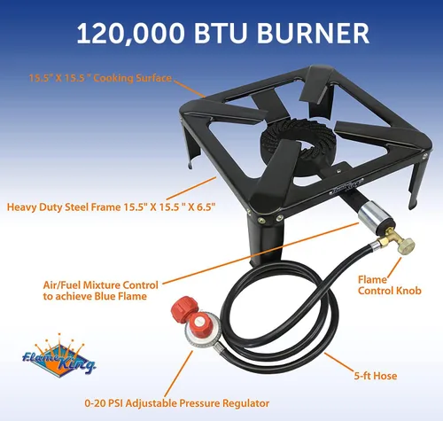 Miniatura 4 de Flame King Trabajo Pesado 120,000 BTU, 0-20 PSI, Freidora de Pavo Quemador Individual de Propano Bayou Cooker, Estufa Exterior para Elaboración