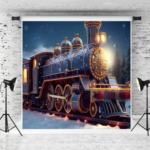 Miniatura 4 de Kate Telón de fondo de tren de Navidad para fotografía de invierno, noche nevada, fondo de tela, accesorios de estudio (7 x 5 pies)