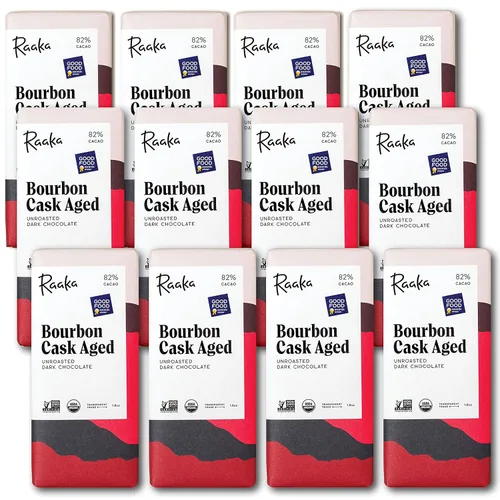 Raaka Chocolate Bourbon Cask Aged 82% Chocolate negro | Regalo de chocolate negro gourmet | Orgánico, vegano, sin soja, sin gluten, Kosher | Barras