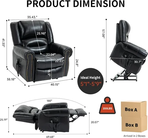 Miniatura 3 de Silla elevadora eléctrica de doble motor, silla reclinable plana con masaje y calor para personas mayores, control remoto, posición infinita, Negro