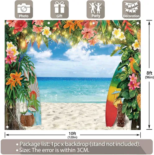 Miniatura 3 de Telón de fondo de tela de 10 x 8 pies para fotografía de playa hawaiana de verano, flores tropicales, hojas de palma, fondo de tabla de surf