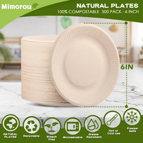 Miniatura 3 de Mimorou 500 platos de papel 100% compostables a granel, platos de papel desechables de caña de azúcar, color marrón, a granel, pequeños, postres