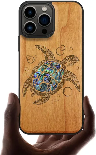 Miniatura 13 de Carveit Funda protectora de madera de diseñador para iPhone 13 Pro Max, cubierta magnética, grabado en madera e incrustaciones de concha, funda