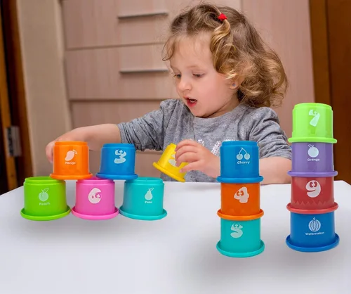 Miniatura 7 de Juego de 17 tazas de anidación y apilamiento multicolor, juguetes de bañera para bebés, juguetes educativos de aprendizaje temprano para bebés