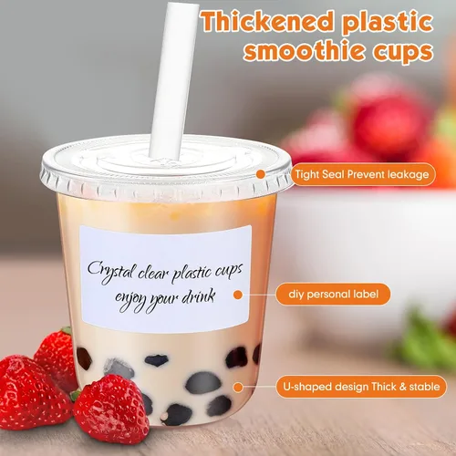 Miniatura 4 de Ziliny 25 juegos de vasos de plástico transparente con tapas, pajitas y pegatinas, vasos desechables de PET engrosado para café helado, té