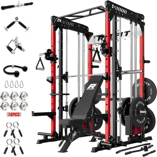 Miniatura 13 de RitFit Paquete de máquina M1 Pro Smith, jaula de potencia todo en uno con juego de pilas de pesas, incluye sistema LAT Pulldown y cable cruzado