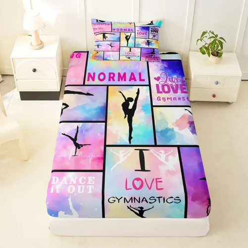 Miniatura 14 de Sábana bajera ajustable de ballet para niñas, juego de ropa de cama de ballet para danza de ballet, sábanas de cama con rayas geométricas onduladas