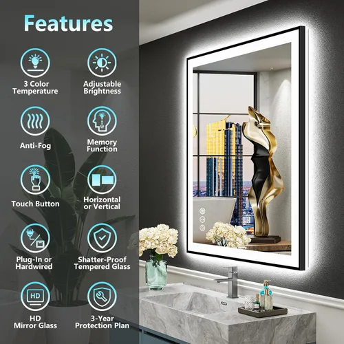 Miniatura 2 de 24x30 Espejo de baño LED con marco negro con luces, retroiluminado + iluminación frontal, espejo de tocador iluminado antivaho para pared de baño