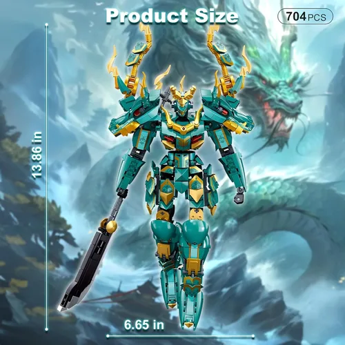 Miniatura 5 de HIGH GODO Mech Robot - Juego de bloques de construcción para adultos, kit de modelo guerrero dragón verde fresco con juego de juguete de lanza