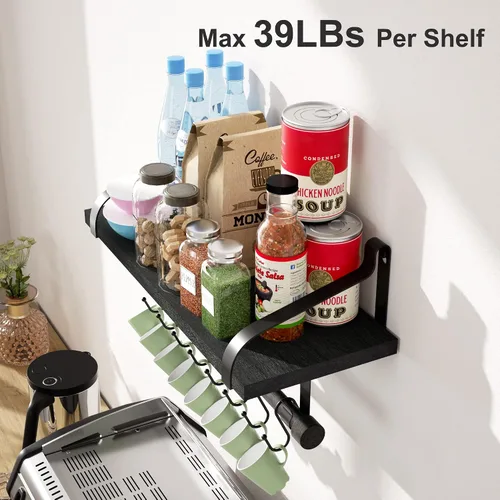 Miniatura 4 de Love-KANKEI Estantes flotantes para barra de café, estantes de baño con toallero, estantes de pared con 8 ganchos para cocina, juego de 2 estantes