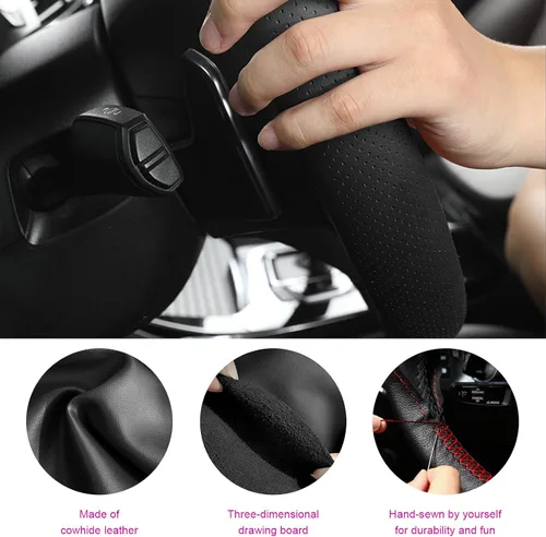 Miniatura 3 de Ziciner - Funda de cuero genuino para volante, transpirable, antideslizante, protector de volante de automóvil para un diámetro máximo de 15 Negro