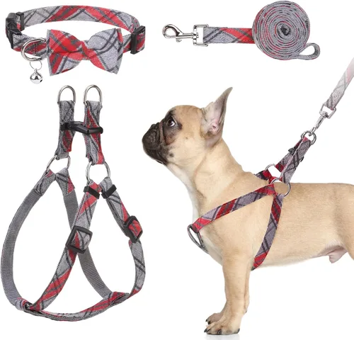Miniatura 10 de Juego de arnés para perro con correa y collar de corbatín - Arnés para cachorro a cuadros beige, a prueba de escape, chaleco ajustable sin tirones