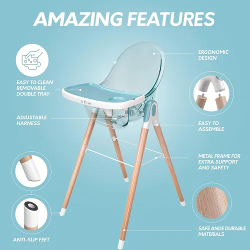 Miniatura 4 de Silla alta de madera de lujo 6 en 1 para bebés y niños pequeños, moderna, segura y compacta, fácil de limpiar y montar, bandeja extraíble, 6 Azul