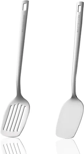 Juego de espátulas de acero inoxidable, 2 espátulas de metal, torneador ranurado plateado, espátula sólida, herramientas de cocina para saltear,