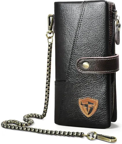 Handadsume Genuino caballo loco cuero viaje regalo moneda bolsillo tarjeta caso largo organizador cadena Rfid monedero con broche para hombres