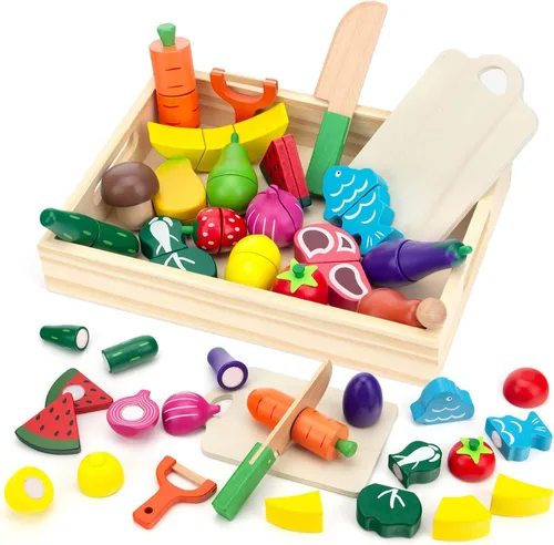 Conjuntos de Alimentos de Juguete de Madera para Cocina Infantil - Frutas y Verduras Cortadas Juguetes para Niños Pequeños Accesorios de Cocina de