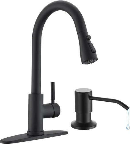 Miniatura 8 de Arofa Grifo de cocina negro mate, grifo de fregadero de cocina con rociador abatible, de una sola manija, de acero inoxidable, comercial, moderno