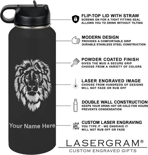 Miniatura 3 de LaserGram Botella de agua personalizada, pelota de fútbol, acero inoxidable de doble pared aislada al vacío con popote superior, regalo grabado