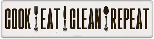 Letrero de metal vintage Cook Eat Clean Repeat para el hogar, cocina, granja, panadería, comedor, bar, decoración de pared, divertido póster