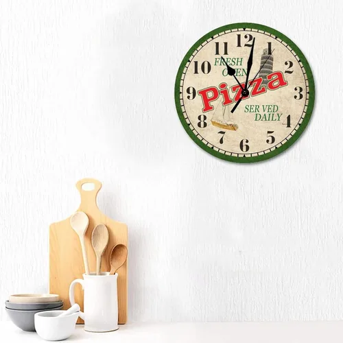 Miniatura 3 de Reloj redondo para pizza, para sala de estar, cuarzo, de madera, redondo, silencioso, de 10 x 10 pulgadas, reloj de madera retro para escuela