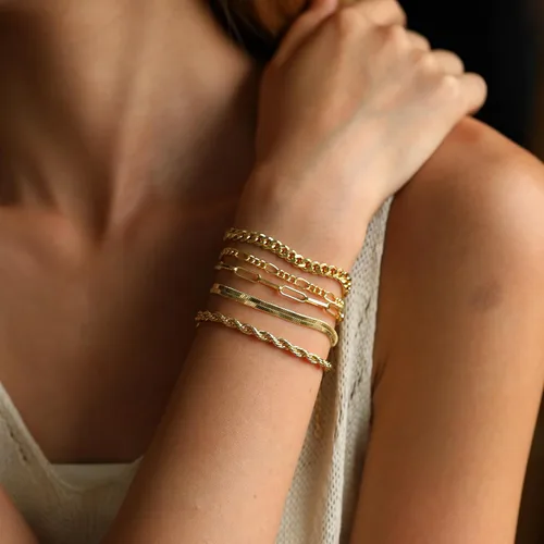Miniatura 4 de Pulseras de oro para mujer, juego de pulseras en capas de oro de 14 quilates, delicadas cadenas de espiga de espiga, pulseras cubanas de oro
