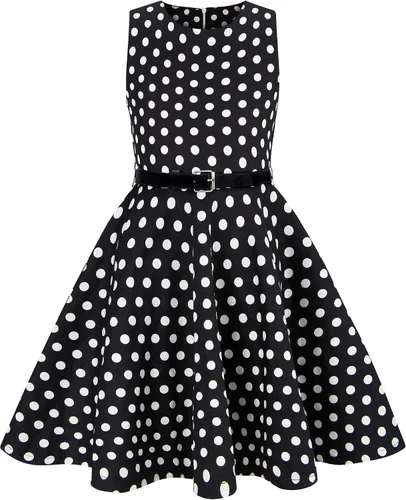 Funnycokid Vestidos de los años 50 para niñas, vestido retro vintage, sin mangas, traje de fiesta con cinturón para niños de 6 a 13 años