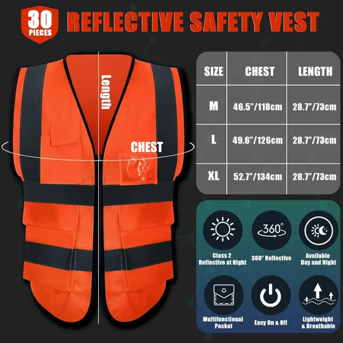 Miniatura 2 de Leumoi Paquete de 30 chalecos de seguridad reflectantes con bolsillos y cremallera de alta visibilidad para mujeres y hombres para el trabajo Naranja