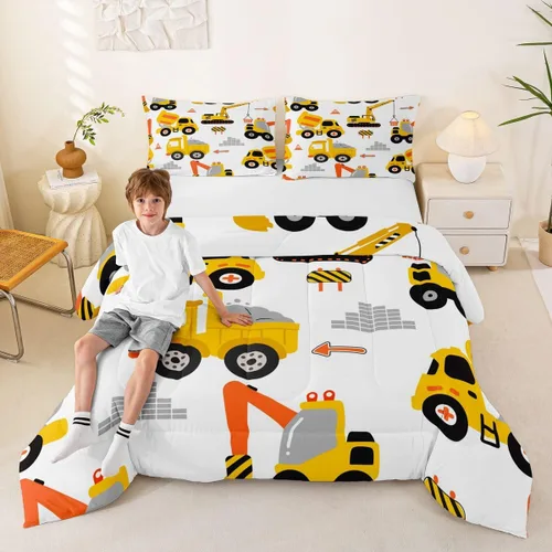 Miniatura 4 de Feelyou Juego de edredón de coche de dibujos animados para niños, edredón de construcción para niños, juego de ropa de cama de camiones y equipos
