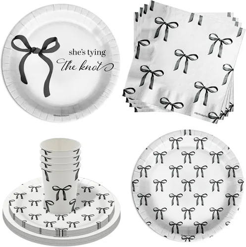 She's Tying The Knot - Suministros para fiesta de despedida de soltera, juego de vajilla de 64 piezas con lazos negros, incluye platos llanos