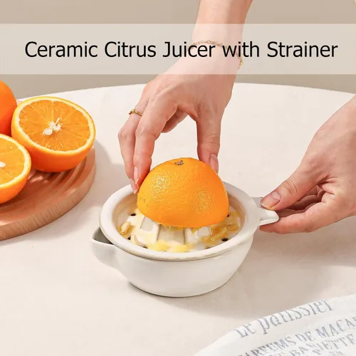 Miniatura 2 de Exprimidor manual de cerámica cítrica naranja limón exprimidor manual, prensa de rotación con cuenco de 6.8 onzas, tapa de colador, boquilla, asa