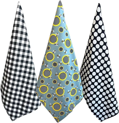 Toallas de cocina con diseño de girasol de abejas, 100 % algodón, lindo abejorro, lunares, búfalo, a cuadros, tejido con lazo para colgar, 26 x 18
