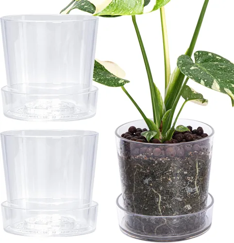 Miniatura 15 de Phoenix Vine Maceta de acrílico transparente de 3.5 pulgadas con bandeja, maceta de orquídeas con agujeros de drenaje, platillo profundo para riego