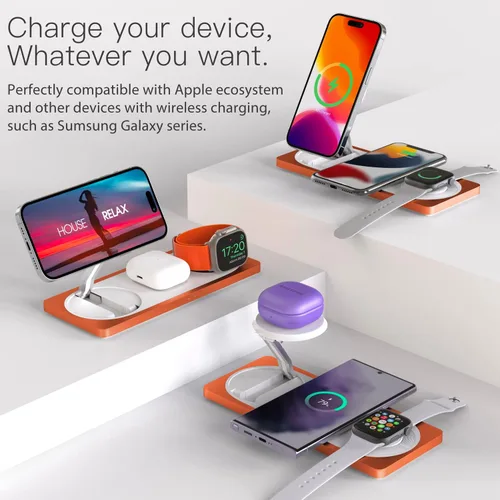Miniatura 5 de Estación de carga 3 en 1 para dispositivos Apple: Usada para estación de carga de iPhone y Watch con soporte de cargador Magsafe, cargador Naranja