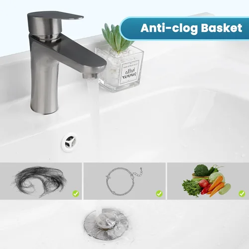Miniatura 4 de Tapón universal 2 en 1 para lavabo de baño, colador emergente totalmente metálico con cesta de filtro antiobstrucción, para orificios de drenaje