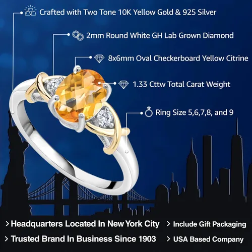 Miniatura 88 de Anillo de compromiso de oro amarillo de 10 quilates y plata 925 con piedra natal y diamantes cultivados en laboratorio para mujer, ovalado de 0.315