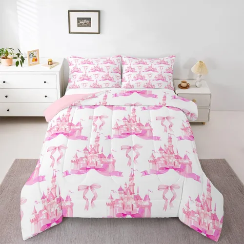 Miniatura 25 de Feelyou Juego de edredón de castillo rosa para niños, tamaño individual, juego de ropa de cama de princesa para niños y niñas, inserto de edredón