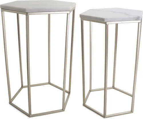 Rutledge & King Juego de mesa auxiliar hexagonal, mesas auxiliares con tapas de espejo, mesas decorativas geométricas anidables, mesas auxiliares de