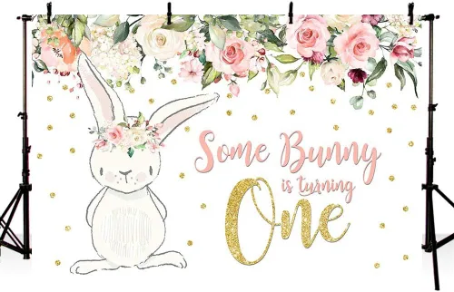 MEHOFOTO - Telón de fondo para fiesta de cumpleaños de 8 x 6 pies, diseño floral rosa con purpurina dorada con texto en inglés "Some Bunny One Girl"