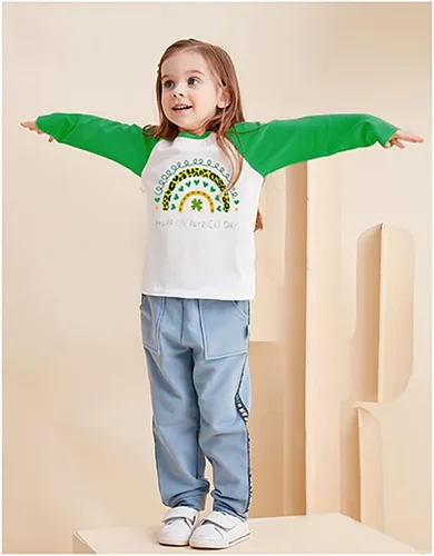 Miniatura 2 de Camisetas para niños del Día de San Patricio unisex para niños y niñas, camiseta Pixel Cast Dinosaur Trébol trébol trébol manga raglán verde tops