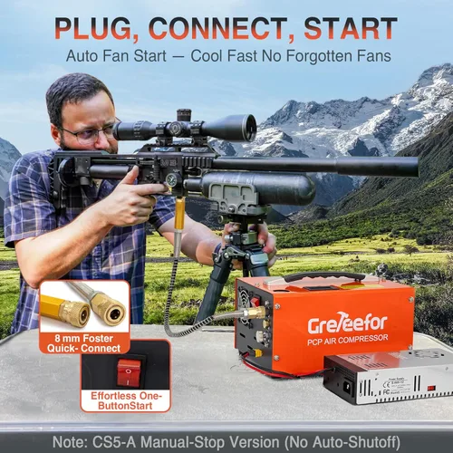 Miniatura 5 de Compresor de aire PCP, 4500 PSI / 30 MPa, auto de doble potencia 12 V CC o hogar 110 V/220 V CA, mango retráctil, sin agua/aceite