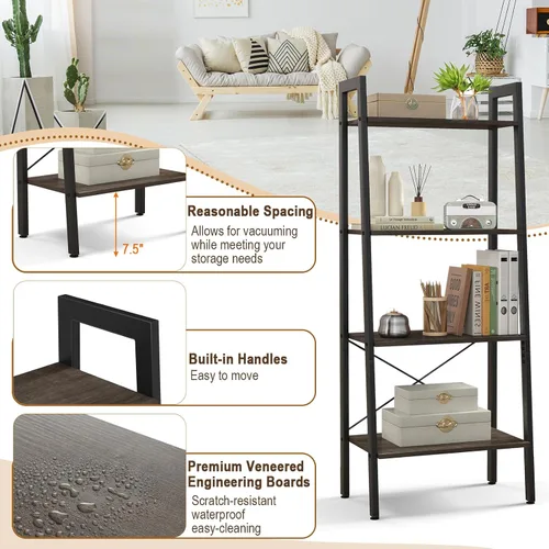 Miniatura 7 de Tangkula Estantería de escalera, estantería industrial de madera de 4 niveles con marco de metal, dispositivo antivuelco, estante de escalera