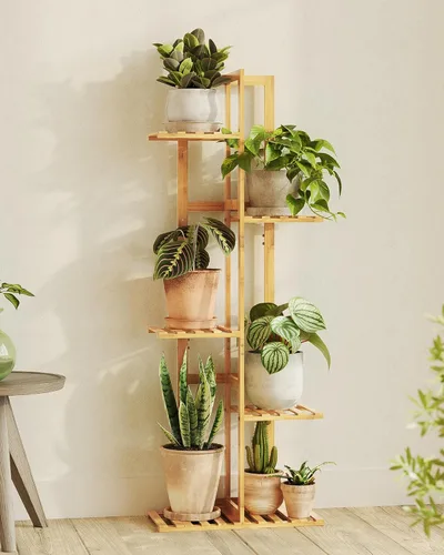 Miniatura 9 de Bamworld Soporte de bambú para plantas de interior con 6 niveles, estante de plantas de exterior, soporte de esquina para múltiples plantas, soporte