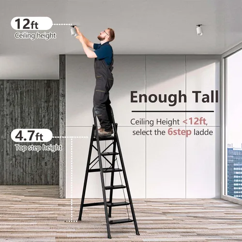 Miniatura 2 de escalera ligera de aluminio, de 6 peldaños, plegable, con peldaños anchos y antideslizante para uso en el hogar y la cocina, ahorra espacio (negro)