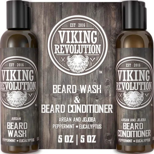 Best Deal Juego de acondicionador para barba con aceite de argán y jojoba, suaviza y fortalece: menta natural y aroma a eucalipto, champú para barba