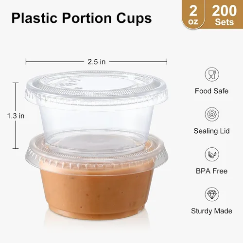 Miniatura 2 de AOZITA 200 juegos – Vasos de gelatina de 2 onzas, tazas de porciones con tapas, recipientes de plástico pequeños herméticos y apilables